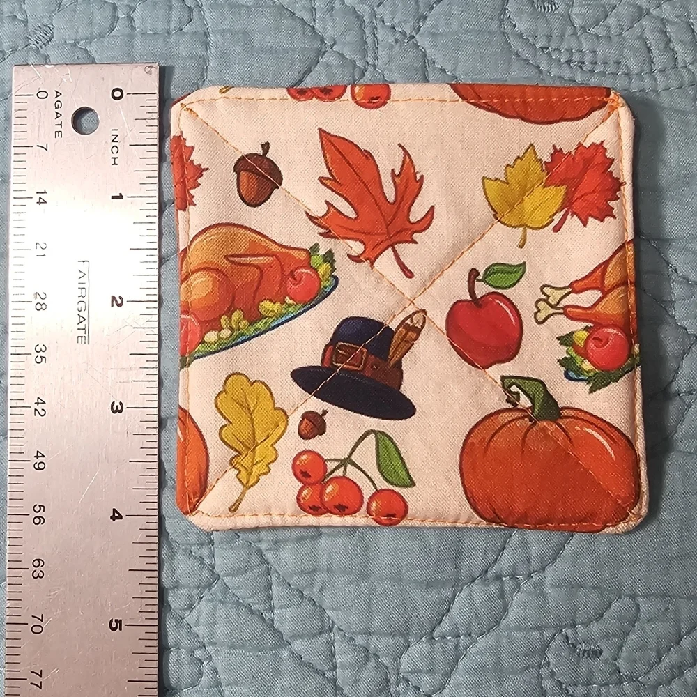 Handmade Fall Thanksgiving Harvest Print Cotton Reversible Set Of 6 Coasters